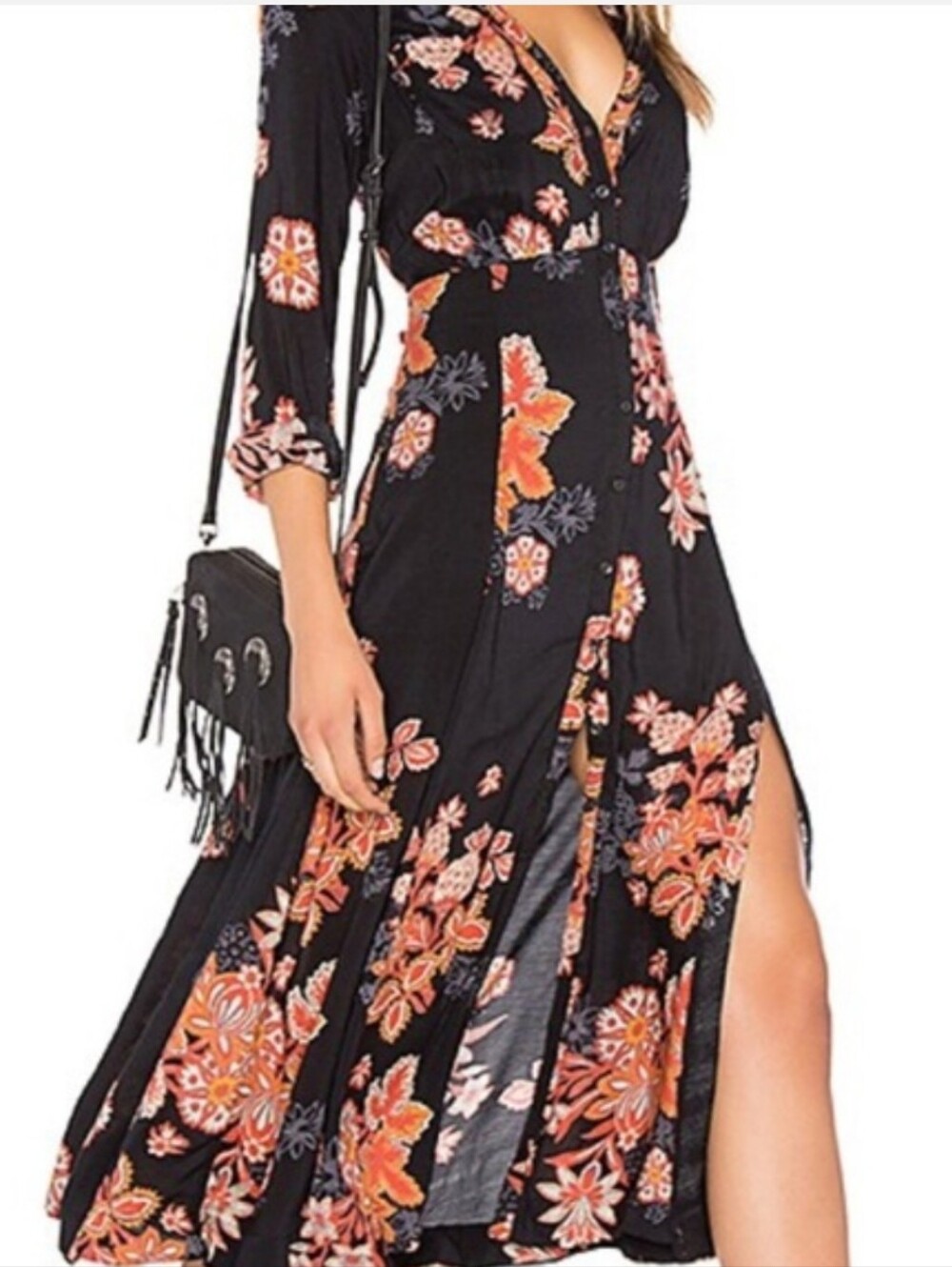 Free People - Black Dress with Embroidery Orange, Pink & Yellow Floral Trim